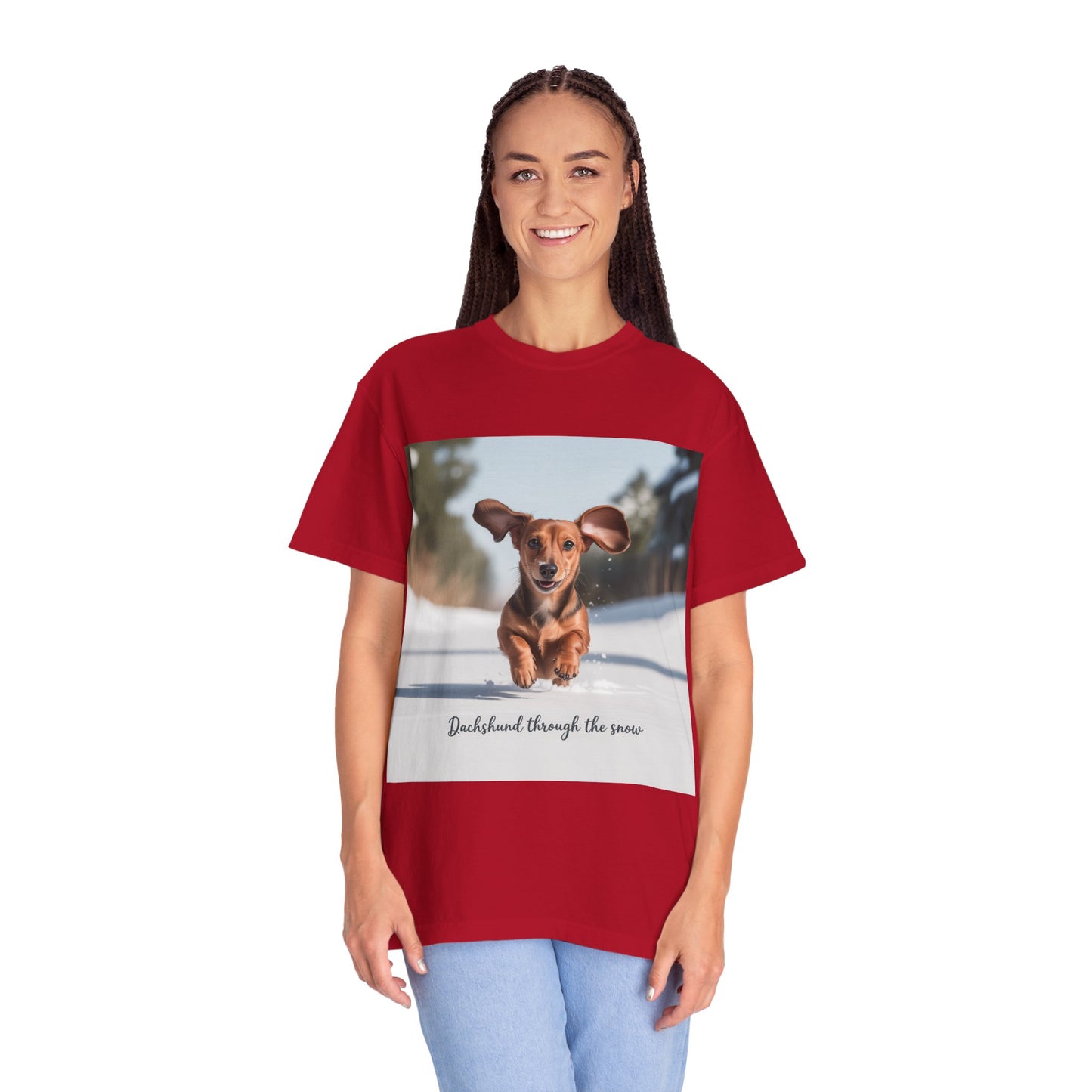 Dachshund Through the Snow T-shirt | Running Dachshund Winter Photo Tee